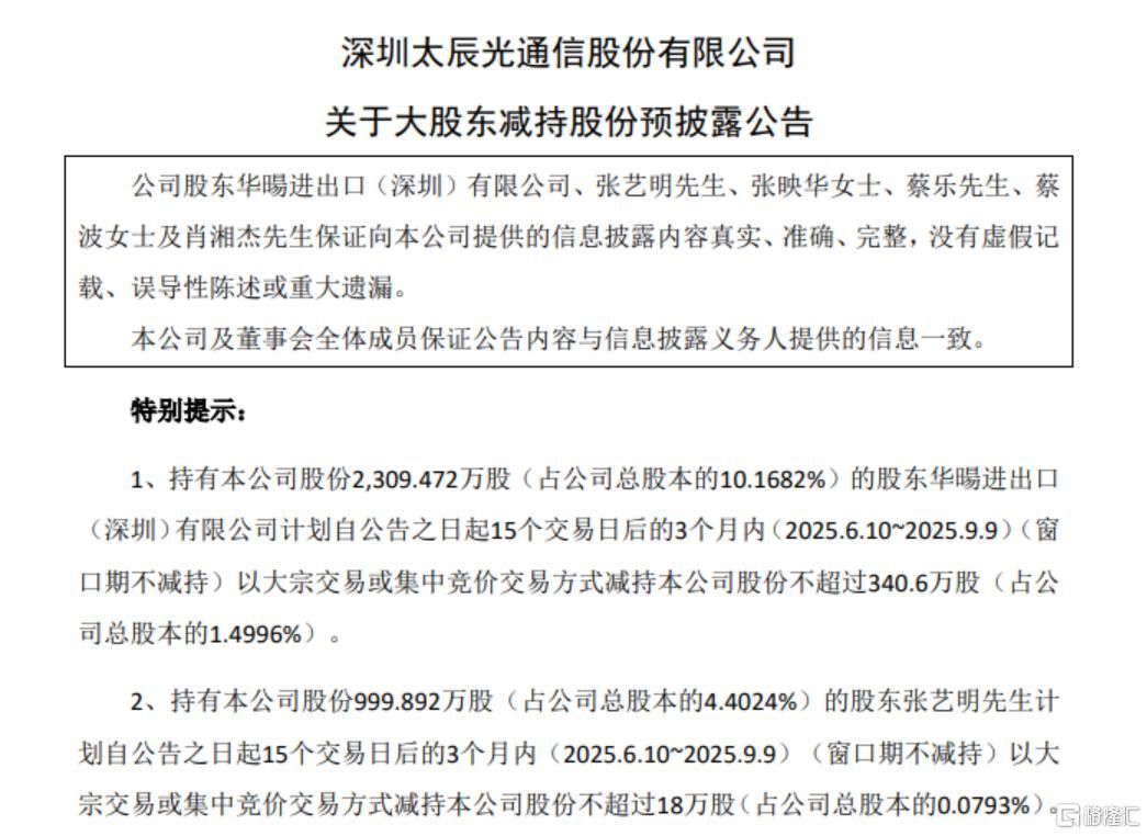 突发大利空，6大股东集体宣布减持！太辰光股价重挫
